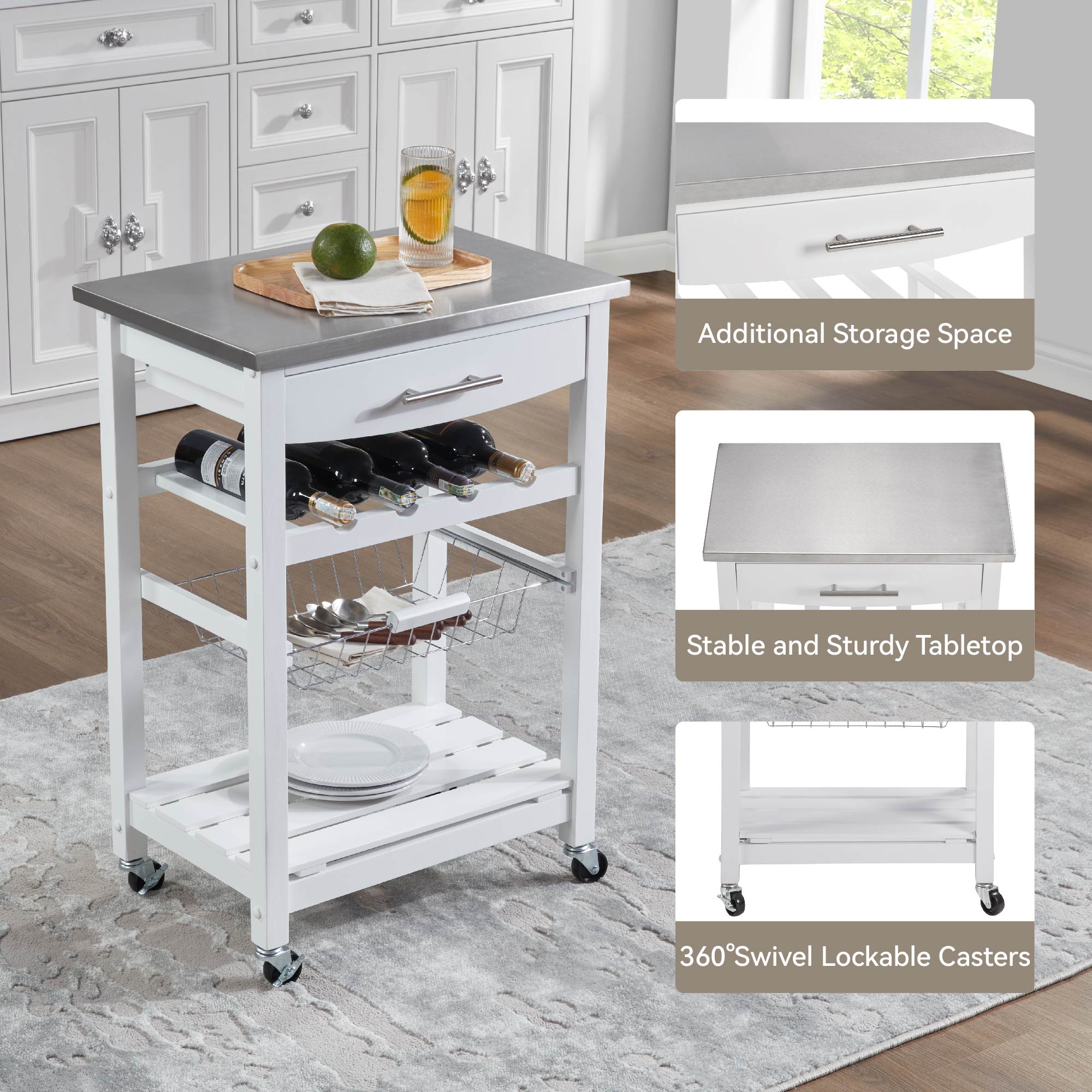 Mobile Rolling Kitchen Island Trolley Serving Cart With Underneath Drawer & Slide-Out Wire Storage Basket_voghion.com